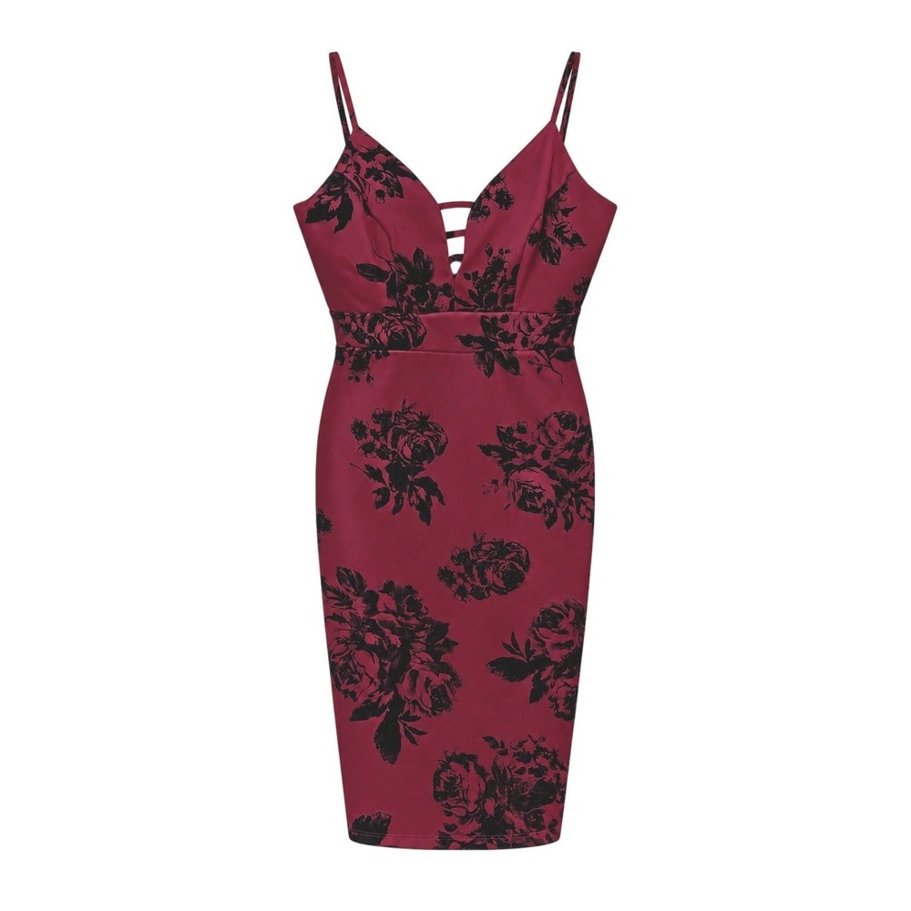 Haute Monde Womens S Burgundy Black Floral Flocked Sheath Dress Knee Cage V-Neck